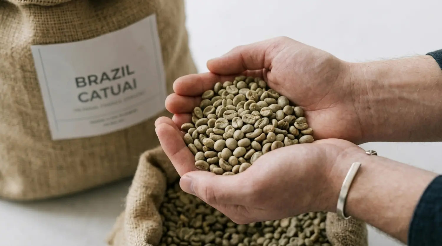 Mani che raccolgono chicchi di caffè verde Brasile Catuai da un sacco di iuta.