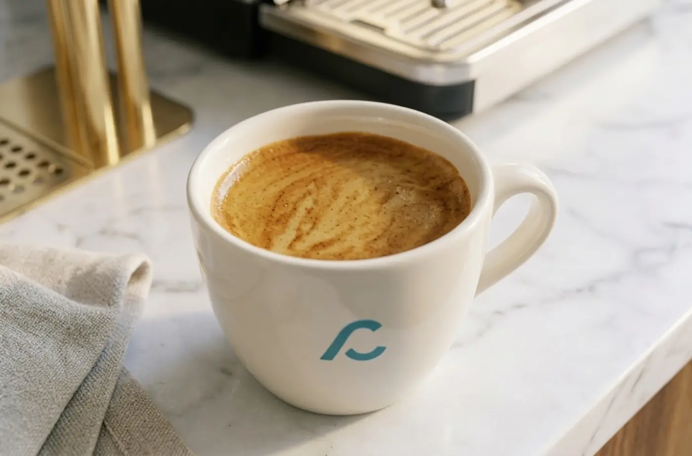 Tazza CARABICA con crema d'espresso su bancone in marmo.